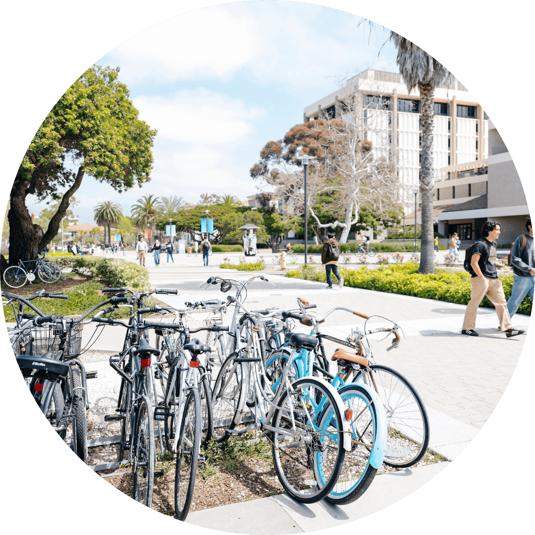 This is an image of a bike rack, with the UCSB Library in the distance.